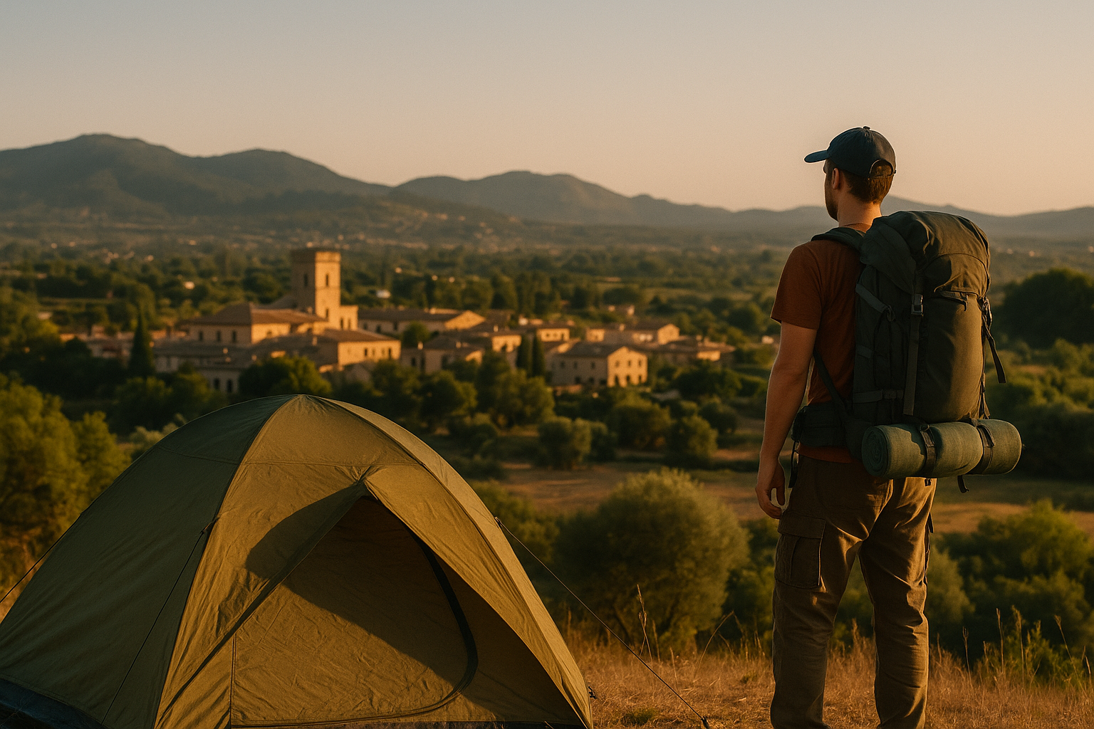 Backpacker mit Zelt blickt auf Dorf bei Sonnenuntergang. Bild von ChatGPT