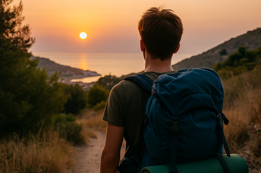 Backpacker blickt bei Sonnenuntergang aufs Meer. Bild von ChatGPT
